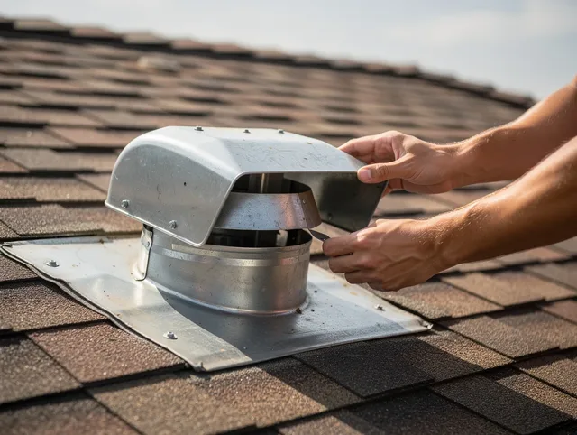 Sagamore Hills Dryer Vent Cleaning certified technician safely cleaning a roof-mounted dryer vent in Sagamore Hills