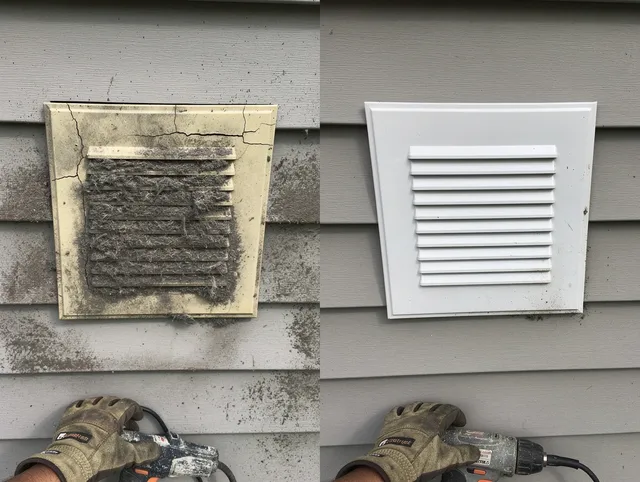 Sagamore Hills Dryer Vent Cleaning technician installing high-quality dryer vent cover at a residential property in Sagamore Hills
