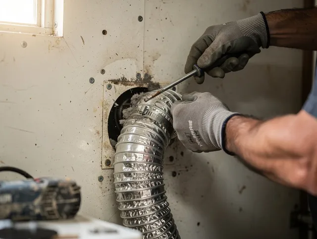Sagamore Hills Dryer Vent Cleaning technician performing precise dryer vent hose installation in Sagamore Hills